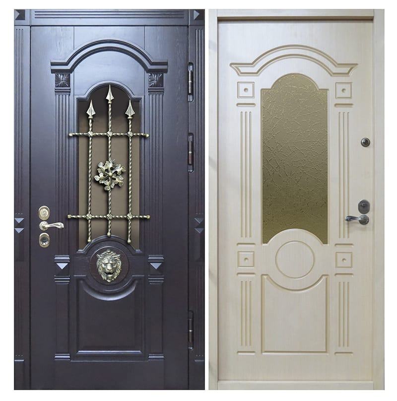 Железная дверь МДФ/МДФ со стеклом и ковкой 301