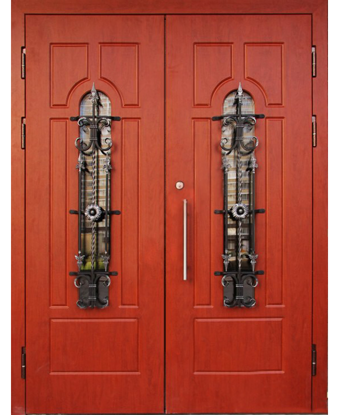 Металлическая входная двустворчатая дверь МДФ с ковкой/стеклом 3092